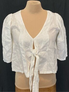 100% Linen White Tie-Front Women's Top w/ Elbow Length Sleeves | Posse